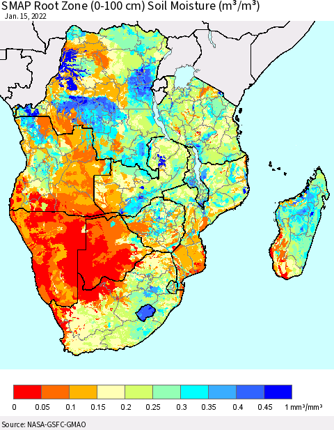Southern Africa SMAP Root Zone (0-100 cm) Soil Moisture (m³/m³) Thematic Map For 1/11/2022 - 1/15/2022