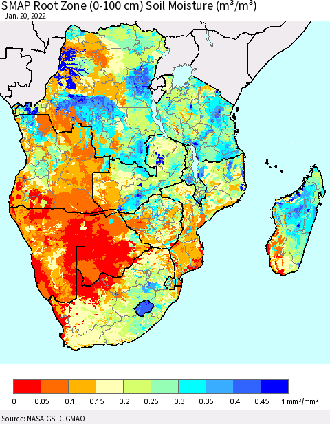 Southern Africa SMAP Root Zone (0-100 cm) Soil Moisture (m³/m³) Thematic Map For 1/16/2022 - 1/20/2022