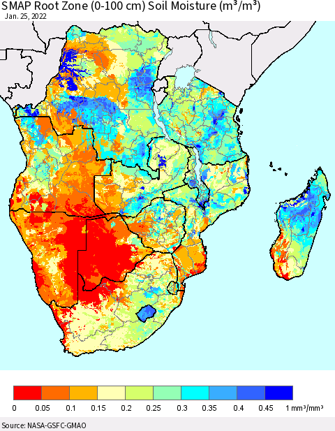 Southern Africa SMAP Root Zone (0-100 cm) Soil Moisture (m³/m³) Thematic Map For 1/21/2022 - 1/25/2022