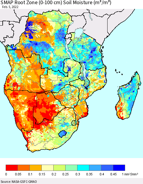 Southern Africa SMAP Root Zone (0-100 cm) Soil Moisture (m³/m³) Thematic Map For 2/1/2022 - 2/5/2022