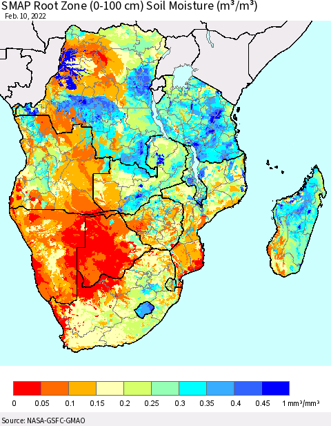 Southern Africa SMAP Root Zone (0-100 cm) Soil Moisture (m³/m³) Thematic Map For 2/6/2022 - 2/10/2022