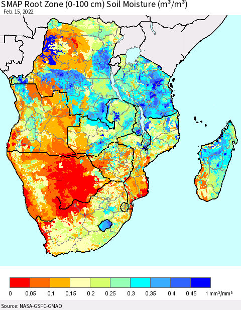 Southern Africa SMAP Root Zone (0-100 cm) Soil Moisture (m³/m³) Thematic Map For 2/11/2022 - 2/15/2022