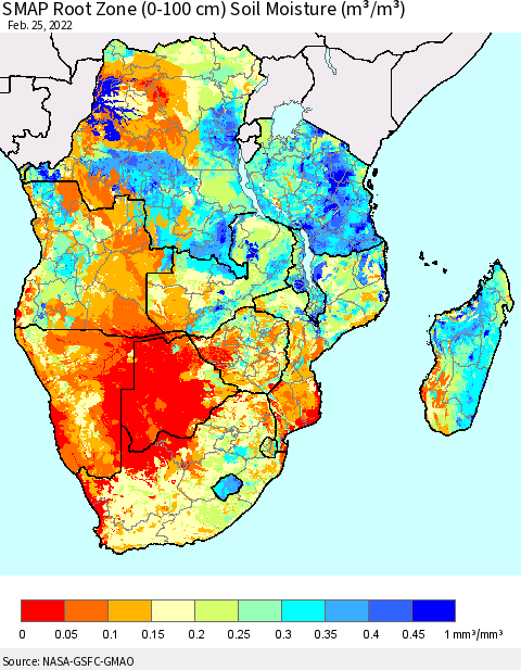 Southern Africa SMAP Root Zone (0-100 cm) Soil Moisture (m³/m³) Thematic Map For 2/21/2022 - 2/25/2022