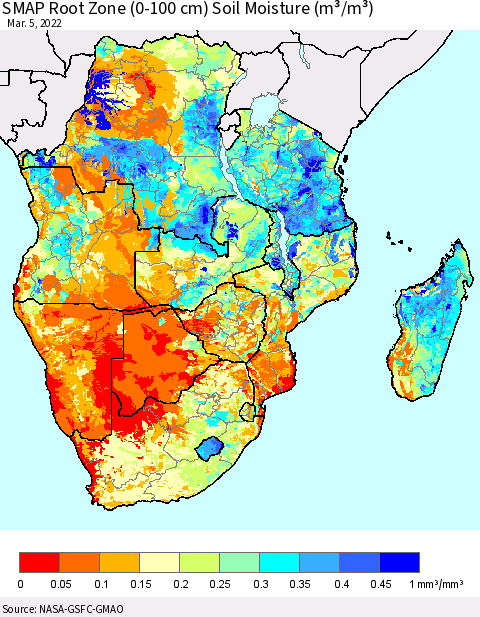 Southern Africa SMAP Root Zone (0-100 cm) Soil Moisture (m³/m³) Thematic Map For 3/1/2022 - 3/5/2022