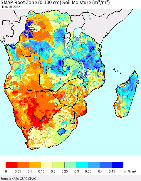 Southern Africa SMAP Root Zone (0-100 cm) Soil Moisture (m³/m³) Thematic Map For 3/6/2022 - 3/10/2022