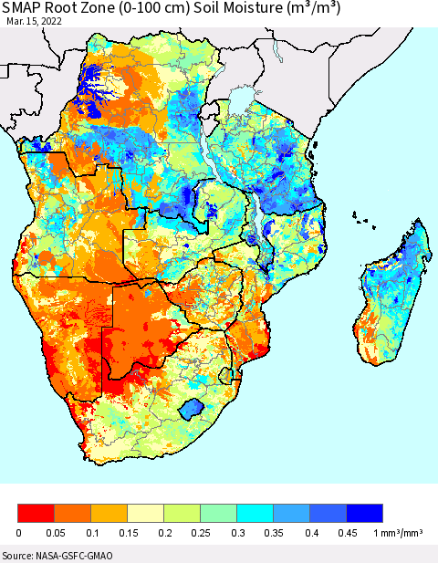 Southern Africa SMAP Root Zone (0-100 cm) Soil Moisture (m³/m³) Thematic Map For 3/11/2022 - 3/15/2022