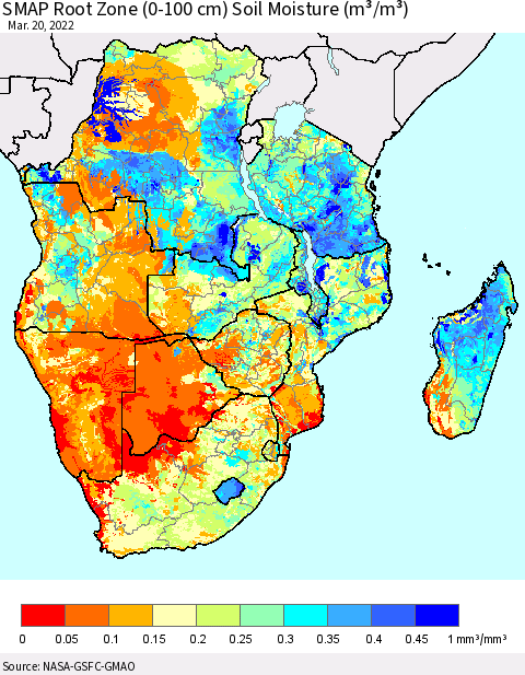 Southern Africa SMAP Root Zone (0-100 cm) Soil Moisture (m³/m³) Thematic Map For 3/16/2022 - 3/20/2022