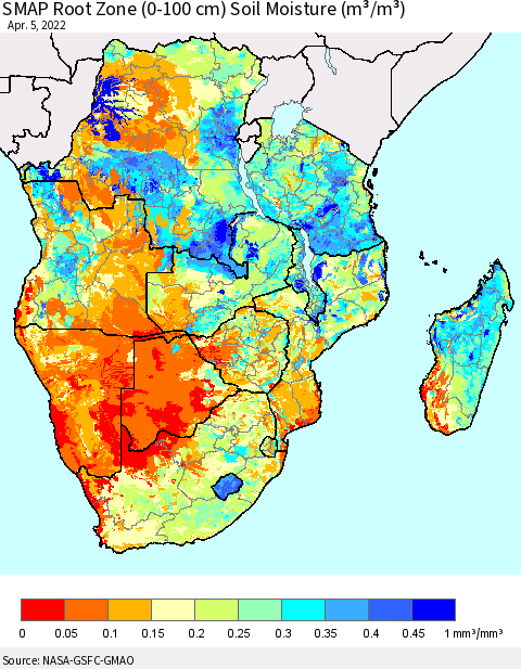 Southern Africa SMAP Root Zone (0-100 cm) Soil Moisture (m³/m³) Thematic Map For 4/1/2022 - 4/5/2022