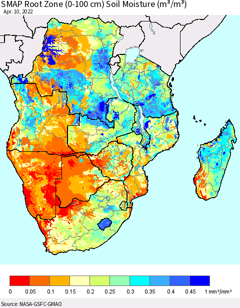 Southern Africa SMAP Root Zone (0-100 cm) Soil Moisture (m³/m³) Thematic Map For 4/6/2022 - 4/10/2022
