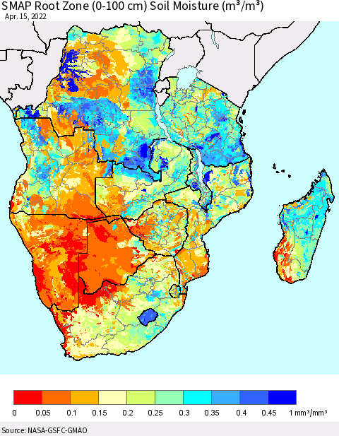 Southern Africa SMAP Root Zone (0-100 cm) Soil Moisture (m³/m³) Thematic Map For 4/11/2022 - 4/15/2022