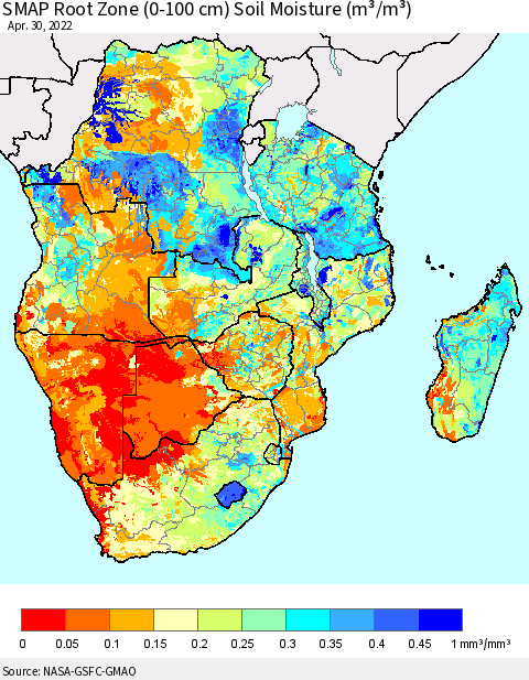 Southern Africa SMAP Root Zone (0-100 cm) Soil Moisture (m³/m³) Thematic Map For 4/26/2022 - 4/30/2022