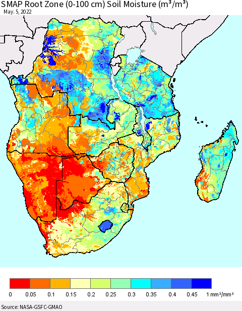 Southern Africa SMAP Root Zone (0-100 cm) Soil Moisture (m³/m³) Thematic Map For 5/1/2022 - 5/5/2022
