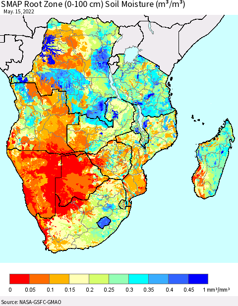 Southern Africa SMAP Root Zone (0-100 cm) Soil Moisture (m³/m³) Thematic Map For 5/11/2022 - 5/15/2022