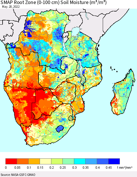 Southern Africa SMAP Root Zone (0-100 cm) Soil Moisture (m³/m³) Thematic Map For 5/16/2022 - 5/20/2022