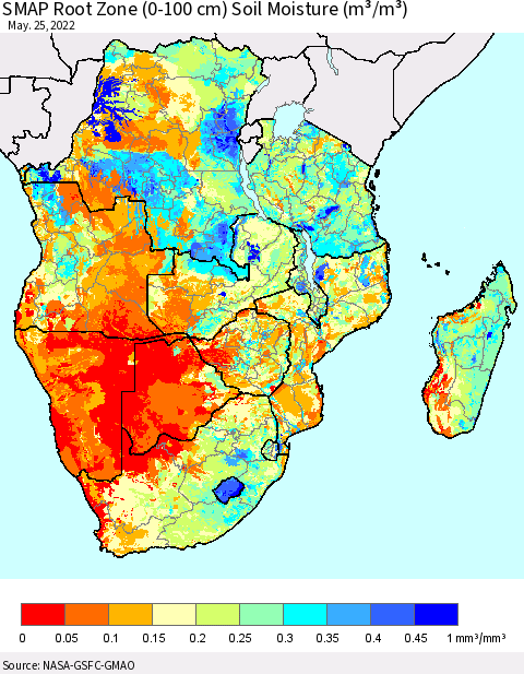 Southern Africa SMAP Root Zone (0-100 cm) Soil Moisture (m³/m³) Thematic Map For 5/21/2022 - 5/25/2022