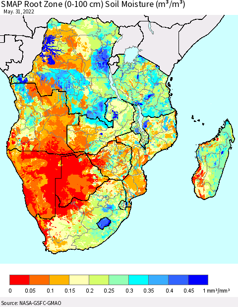 Southern Africa SMAP Root Zone (0-100 cm) Soil Moisture (m³/m³) Thematic Map For 5/26/2022 - 5/31/2022