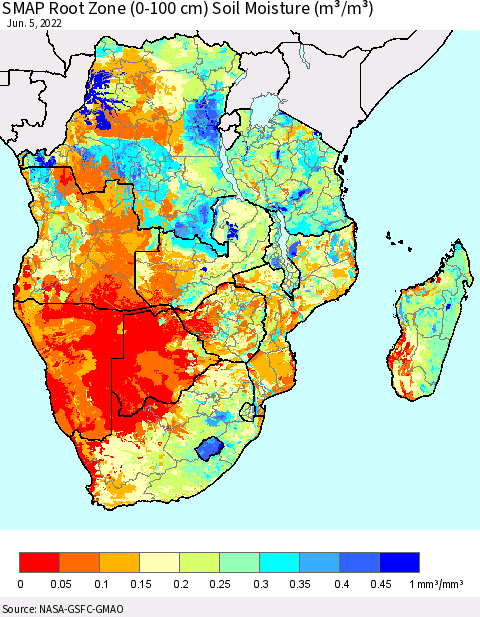 Southern Africa SMAP Root Zone (0-100 cm) Soil Moisture (m³/m³) Thematic Map For 6/1/2022 - 6/5/2022