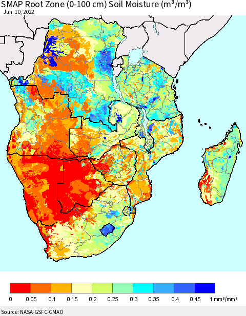 Southern Africa SMAP Root Zone (0-100 cm) Soil Moisture (m³/m³) Thematic Map For 6/6/2022 - 6/10/2022