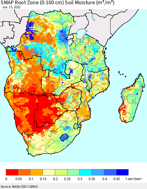 Southern Africa SMAP Root Zone (0-100 cm) Soil Moisture (m³/m³) Thematic Map For 6/11/2022 - 6/15/2022