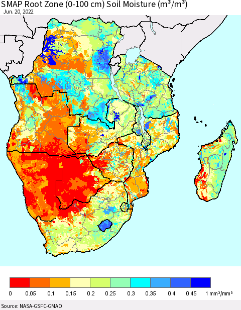 Southern Africa SMAP Root Zone (0-100 cm) Soil Moisture (m³/m³) Thematic Map For 6/16/2022 - 6/20/2022