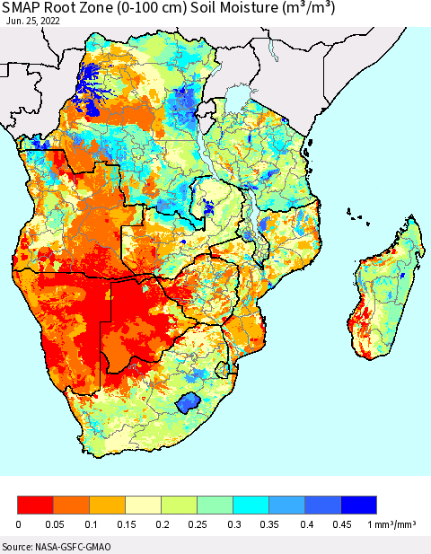Southern Africa SMAP Root Zone (0-100 cm) Soil Moisture (m³/m³) Thematic Map For 6/21/2022 - 6/25/2022