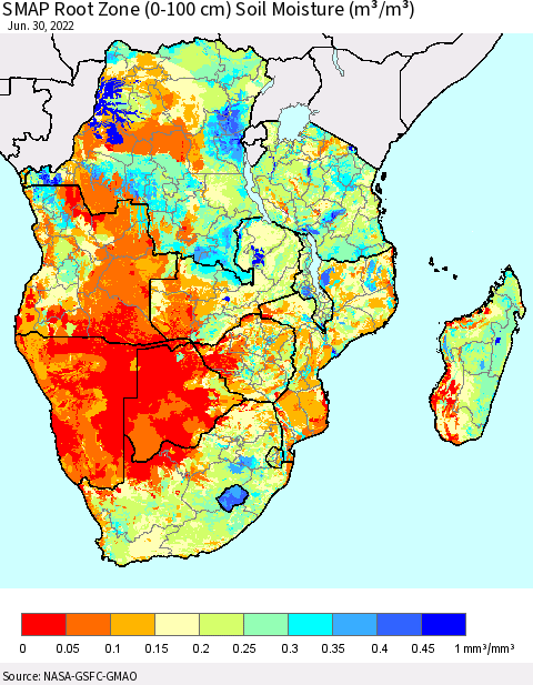 Southern Africa SMAP Root Zone (0-100 cm) Soil Moisture (m³/m³) Thematic Map For 6/26/2022 - 6/30/2022