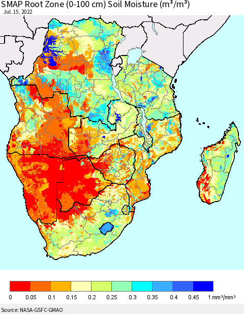 Southern Africa SMAP Root Zone (0-100 cm) Soil Moisture (m³/m³) Thematic Map For 7/11/2022 - 7/15/2022