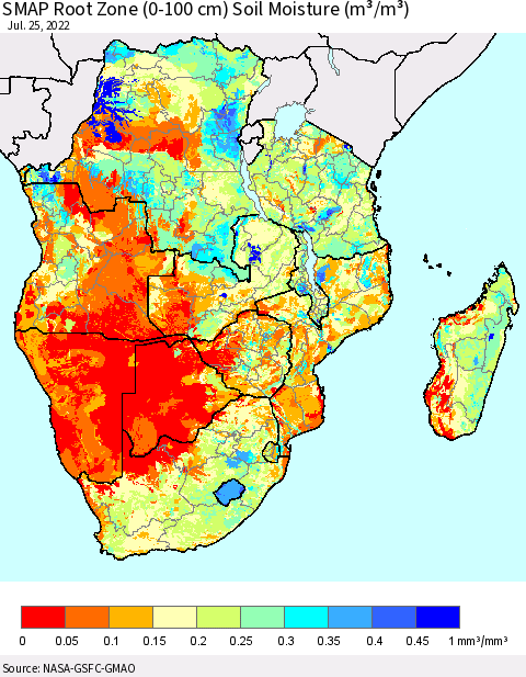 Southern Africa SMAP Root Zone (0-100 cm) Soil Moisture (m³/m³) Thematic Map For 7/21/2022 - 7/25/2022