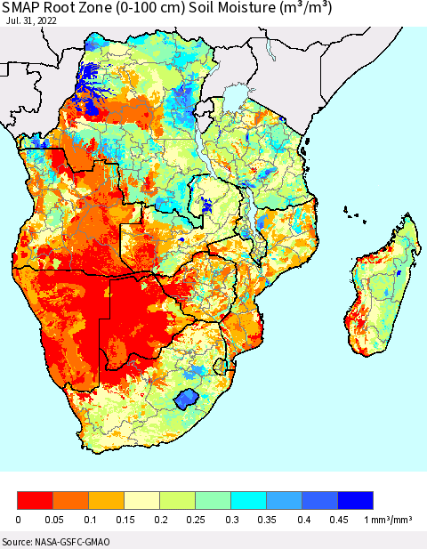 Southern Africa SMAP Root Zone (0-100 cm) Soil Moisture (m³/m³) Thematic Map For 7/26/2022 - 7/31/2022