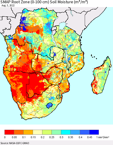 Southern Africa SMAP Root Zone (0-100 cm) Soil Moisture (m³/m³) Thematic Map For 8/1/2022 - 8/5/2022