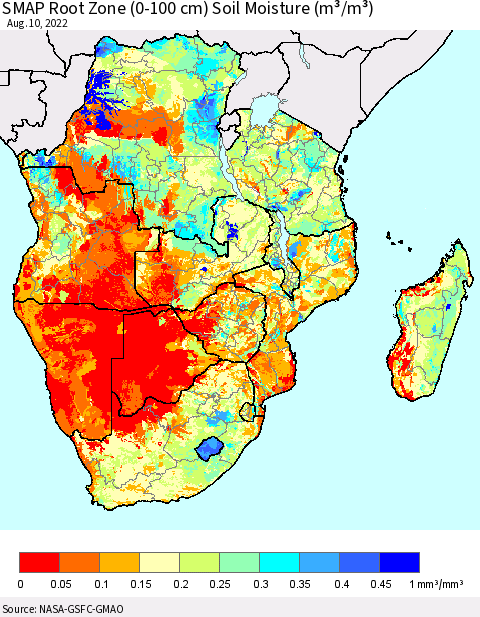 Southern Africa SMAP Root Zone (0-100 cm) Soil Moisture (m³/m³) Thematic Map For 8/6/2022 - 8/10/2022