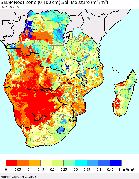 Southern Africa SMAP Root Zone (0-100 cm) Soil Moisture (m³/m³) Thematic Map For 8/11/2022 - 8/15/2022
