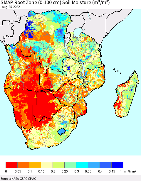 Southern Africa SMAP Root Zone (0-100 cm) Soil Moisture (m³/m³) Thematic Map For 8/21/2022 - 8/25/2022