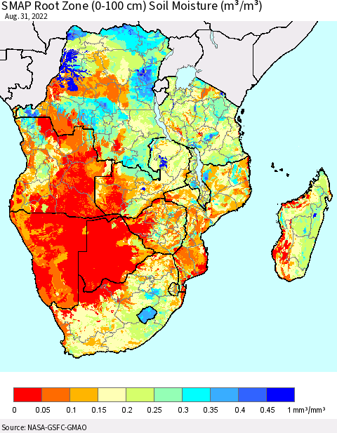 Southern Africa SMAP Root Zone (0-100 cm) Soil Moisture (m³/m³) Thematic Map For 8/26/2022 - 8/31/2022