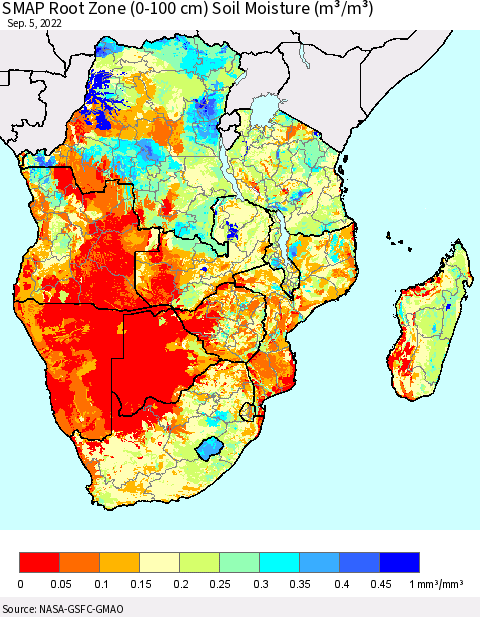 Southern Africa SMAP Root Zone (0-100 cm) Soil Moisture (m³/m³) Thematic Map For 9/1/2022 - 9/5/2022