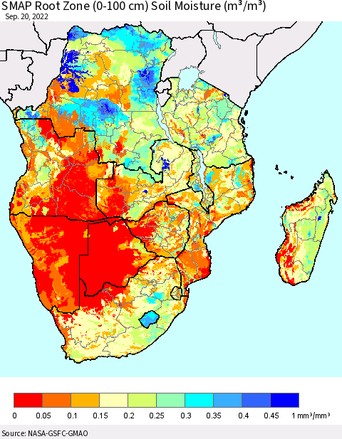 Southern Africa SMAP Root Zone (0-100 cm) Soil Moisture (m³/m³) Thematic Map For 9/16/2022 - 9/20/2022