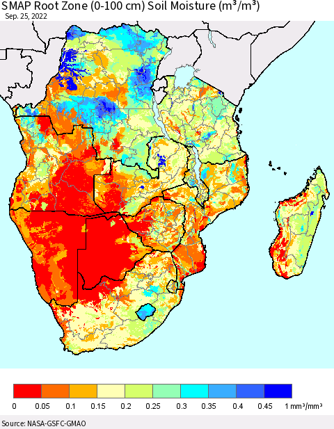 Southern Africa SMAP Root Zone (0-100 cm) Soil Moisture (m³/m³) Thematic Map For 9/21/2022 - 9/25/2022