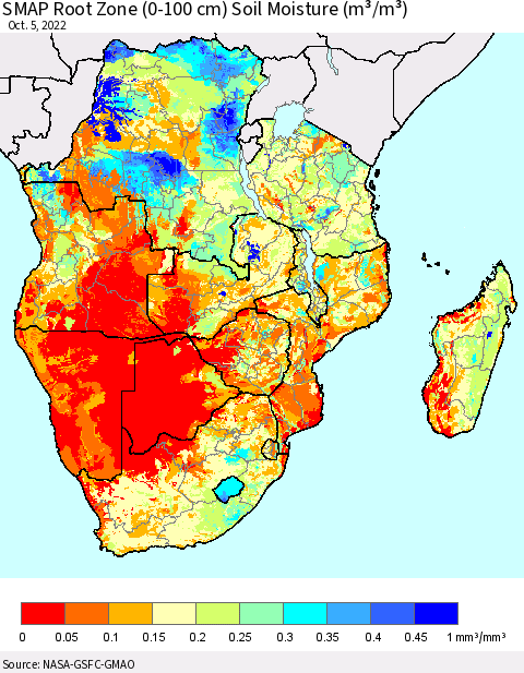 Southern Africa SMAP Root Zone (0-100 cm) Soil Moisture (m³/m³) Thematic Map For 10/1/2022 - 10/5/2022
