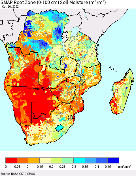Southern Africa SMAP Root Zone (0-100 cm) Soil Moisture (m³/m³) Thematic Map For 10/6/2022 - 10/10/2022
