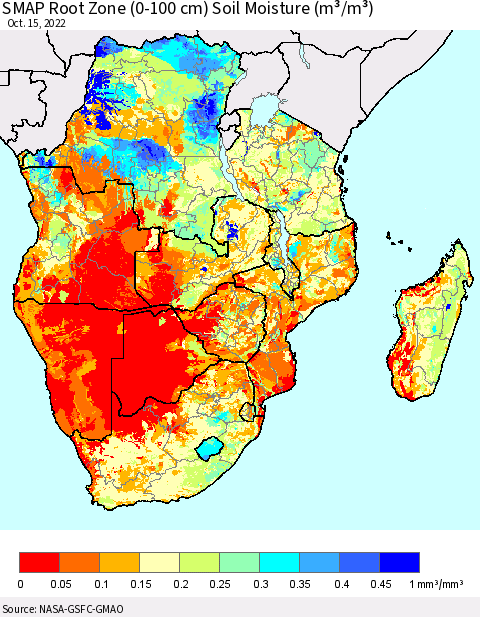 Southern Africa SMAP Root Zone (0-100 cm) Soil Moisture (m³/m³) Thematic Map For 10/11/2022 - 10/15/2022