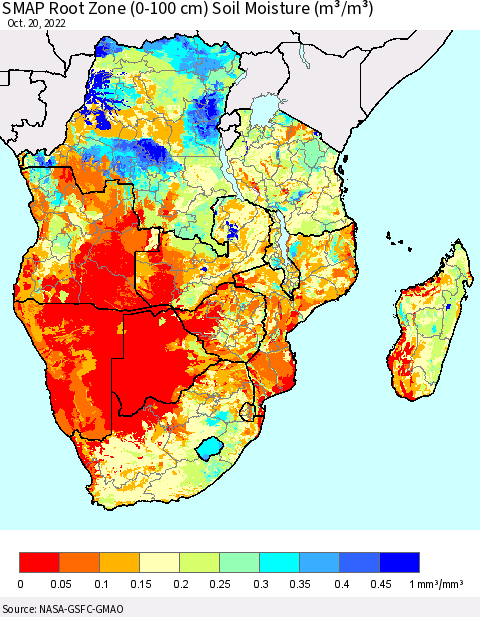 Southern Africa SMAP Root Zone (0-100 cm) Soil Moisture (m³/m³) Thematic Map For 10/16/2022 - 10/20/2022
