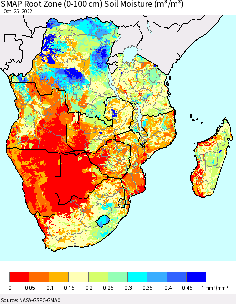 Southern Africa SMAP Root Zone (0-100 cm) Soil Moisture (m³/m³) Thematic Map For 10/21/2022 - 10/25/2022