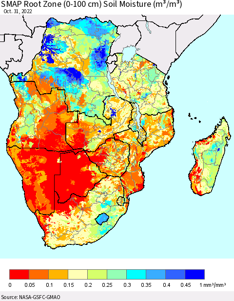 Southern Africa SMAP Root Zone (0-100 cm) Soil Moisture (m³/m³) Thematic Map For 10/26/2022 - 10/31/2022