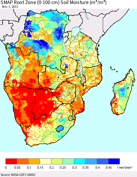 Southern Africa SMAP Root Zone (0-100 cm) Soil Moisture (m³/m³) Thematic Map For 11/1/2022 - 11/5/2022