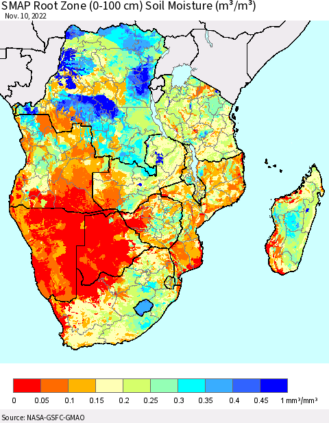 Southern Africa SMAP Root Zone (0-100 cm) Soil Moisture (m³/m³) Thematic Map For 11/6/2022 - 11/10/2022