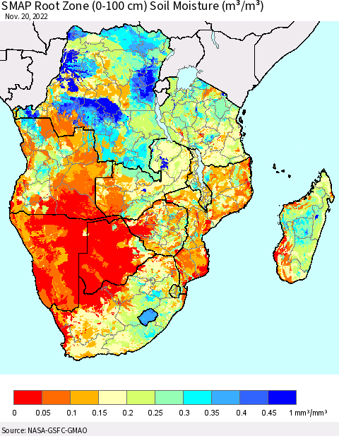 Southern Africa SMAP Root Zone (0-100 cm) Soil Moisture (m³/m³) Thematic Map For 11/16/2022 - 11/20/2022