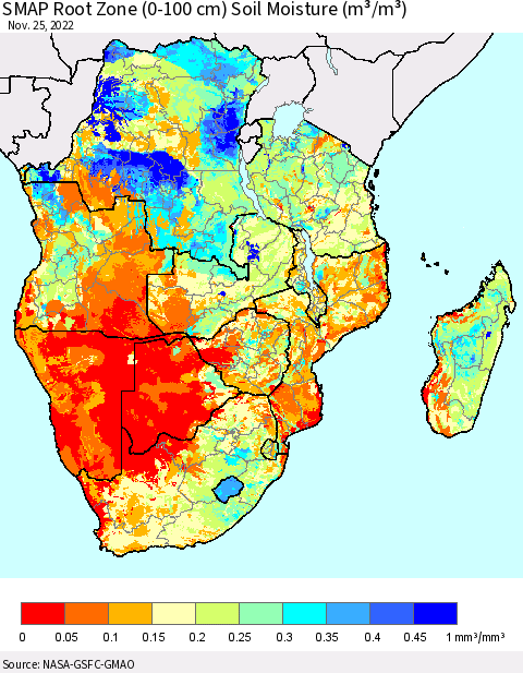 Southern Africa SMAP Root Zone (0-100 cm) Soil Moisture (m³/m³) Thematic Map For 11/21/2022 - 11/25/2022