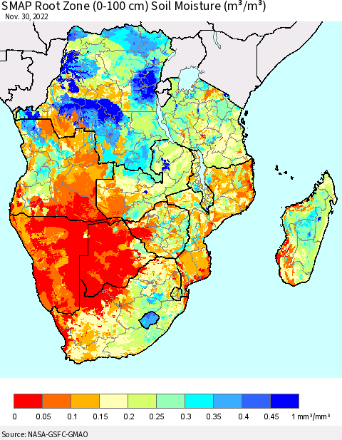 Southern Africa SMAP Root Zone (0-100 cm) Soil Moisture (m³/m³) Thematic Map For 11/26/2022 - 11/30/2022