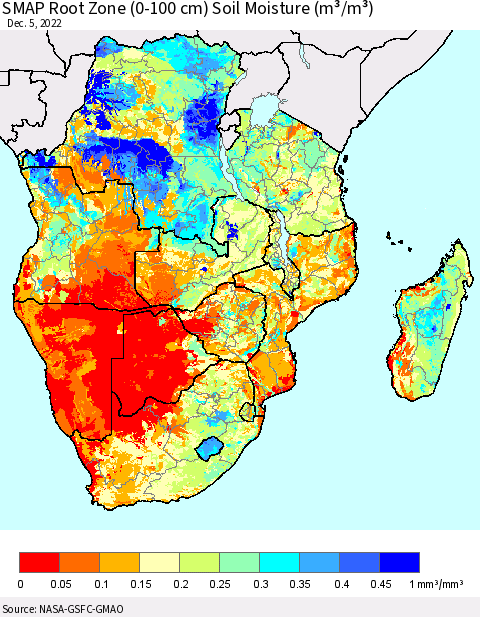 Southern Africa SMAP Root Zone (0-100 cm) Soil Moisture (m³/m³) Thematic Map For 12/1/2022 - 12/5/2022