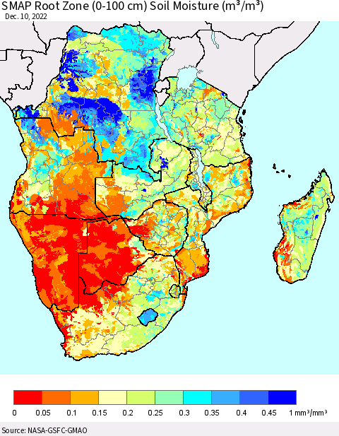 Southern Africa SMAP Root Zone (0-100 cm) Soil Moisture (m³/m³) Thematic Map For 12/6/2022 - 12/10/2022